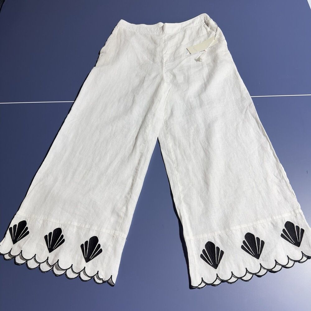 Calypso St Barth White Linen Wide Leg Scalloped Shell Embroidered Pants M NWT